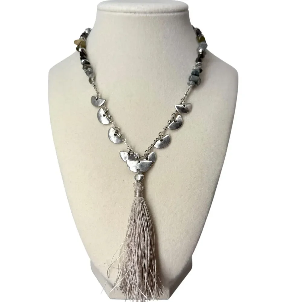 J. Jill Tassel Necklace Beaded Stone Silver Tone Faceted Charm Boho Long 36” NWT - Picture 2 of 9